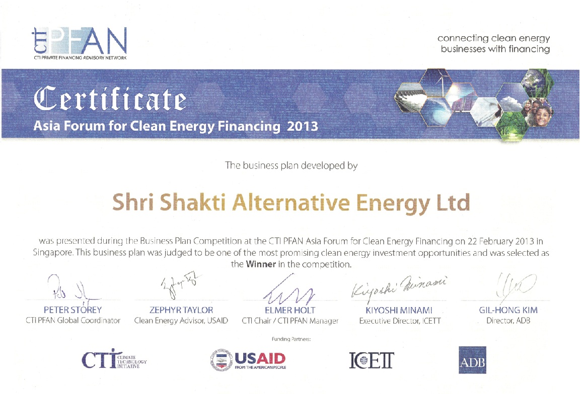 CTI PFAN winner certificate